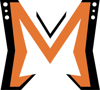 Stylized orange and black letter M with angular lines and dots on the upper black borders, forming a bold, modern graphic design.