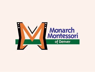 Logo with a large orange M design, black and white accents, and green stripe. To the right, blue text reads Monarch Montessori, with of Denver in white on the green stripe below.