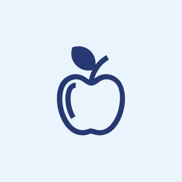 Dark blue outline of an apple with a leaf on a light gray background.