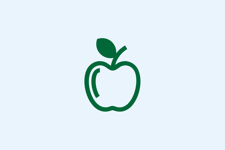 Green outline of an apple with a leaf on a light gray background.