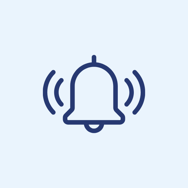 A blue outline of a ringing notification bell with curved lines on both sides, symbolizing an alert or notification, on a light gray background.