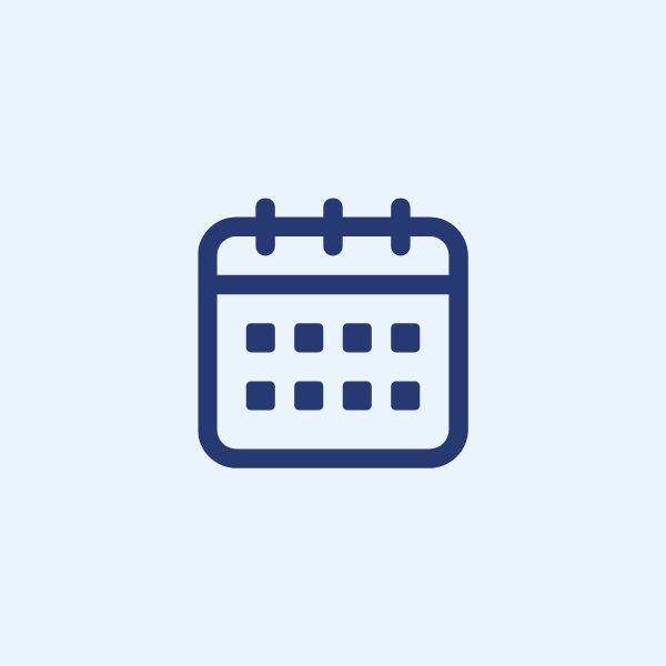 Dark blue calendar icon with a grid pattern, indicating days, on a light blue background. The calendar has two rings at the top, suggesting it is a flip or desk calendar.