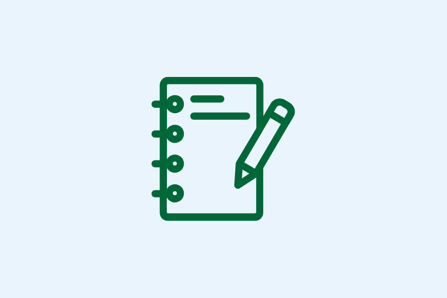 Green icon of a spiral notebook with a pencil on a light gray background.