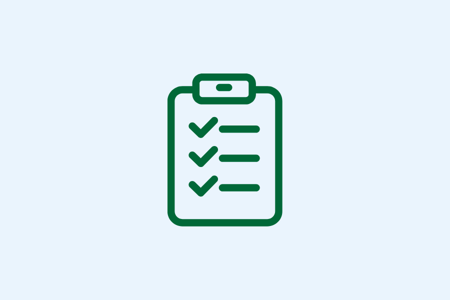 Green icon of a clipboard with three checkmarks, representing a completed checklist, on a light gray background.