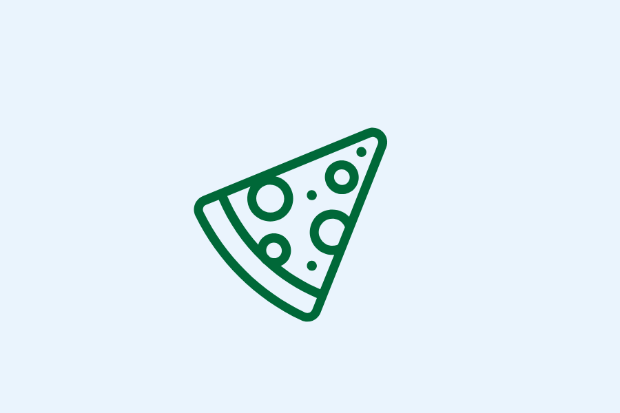 A simple green line drawing of a pizza slice with circular toppings on a light gray background.