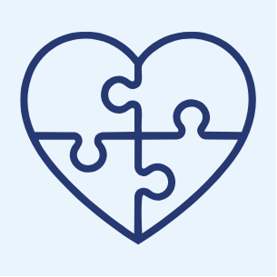 A simple blue outline of a heart divided into four interlocking jigsaw puzzle pieces on a light blue background.