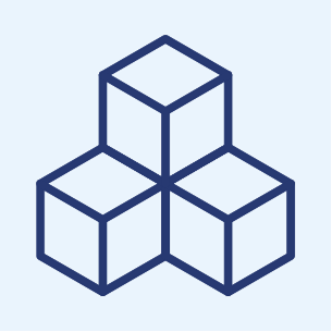 Three blue outlined cubes are arranged in a triangular cluster on a light blue background, with one cube on top and two cubes side by side underneath.