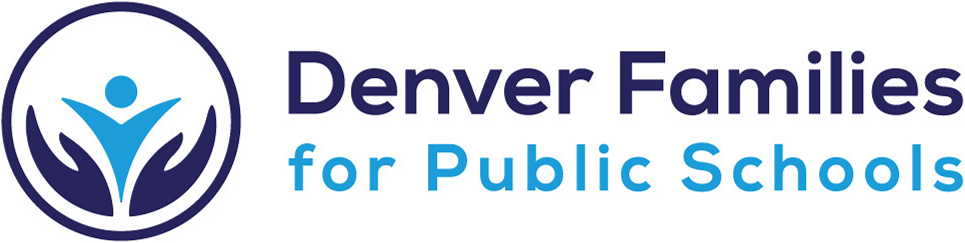 Logo for Denver Families for Public Schools, featuring an abstract person with raised arms surrounded by two hands, next to the organization name in blue and navy text.
