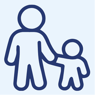 Simple blue outline of a large figure holding hands with a smaller figure, representing an adult and a child on a light blue background.