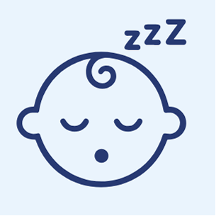 Simple line drawing of a sleeping babys face with closed eyes, a swirl of hair, and zzz symbols above the head, indicating sleep.