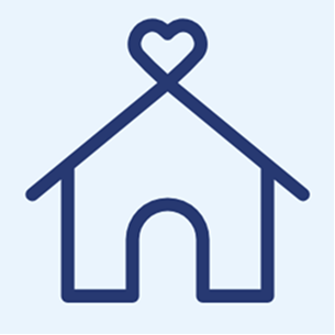 Simple blue outline of a house with the roof forming a heart shape at the top center, set against a light blue background.