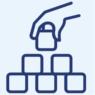 A simple blue outline of a hand placing a block on top of a pyramid made of five other blocks, against a light background.