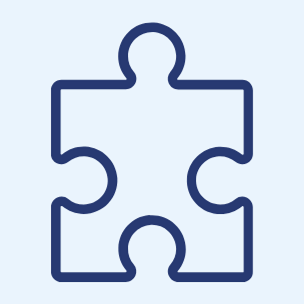 A simple blue outline of a single jigsaw puzzle piece with interlocking tabs and blanks, displayed on a light blue background.